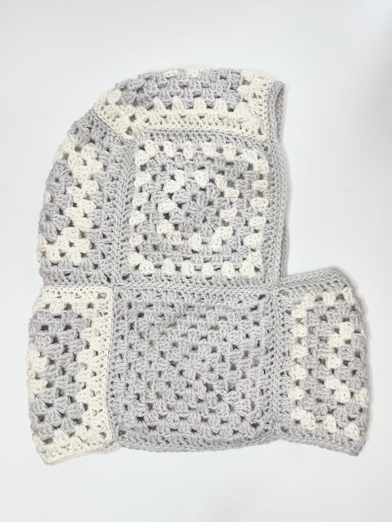 Gray and white granny square balaclava in pure virgin wool