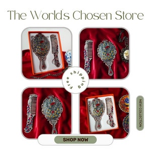 Pocket Mirror and Comb Set With Peacock Pattern and Elegant Stones, Pocket Carrying and Bag Mirror and Comb,  Wintage Mirror Set