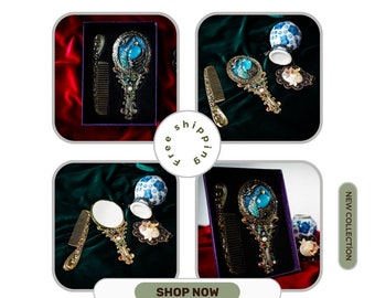 Pocket Mirror and Comb Set With Blue Stylish Stones and Swan Design, Pocket Carrying and Bag Mirror and Comb, Make-up Mirror
