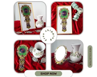 Emerald Stone Antique Mirror, Pocket Carrying and Bag Mirror, Makeup Mirror, Wintage Mirror Set