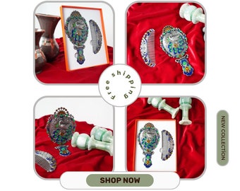 Pocket Mirror and Comb Set With Peacock Pattern and Elegant Stones, Pocket Carrying and Bag Mirror and Comb, Wintage Mirror Set