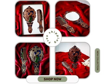 Set di specchietto tascabile e pettine con motivo pavone ed eleganti pietre, specchio e pettine da tasca e da borsa, set di specchi vintage