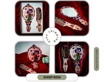 Pocket Mirror and Comb Set With Peacock Pattern and Elegant Stones, Pocket Carrying and Bag Mirror and Comb, Wintage Mirror Set