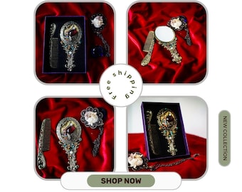 Pocket mirror and comb set with red stylish stones and swan design, Pocket Carrying and Bag Mirror and comb, Make-up Mirror