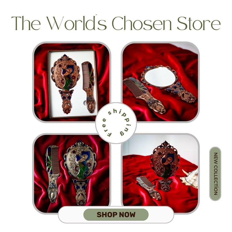 Pocket Mirror and Comb Set With Peacock Pattern and Elegant Stones, Pocket Carrying and Bag Mirror and Comb, Wintage Mirror Set zdjęcie 1