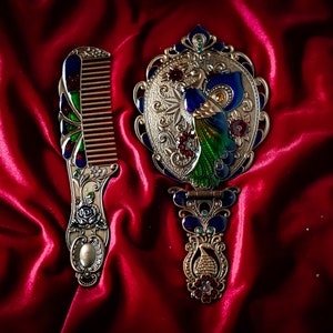 Pocket Mirror and Comb Set With Peacock Pattern and Elegant Stones, Pocket Carrying and Bag Mirror and Comb, Wintage Mirror Set zdjęcie 7