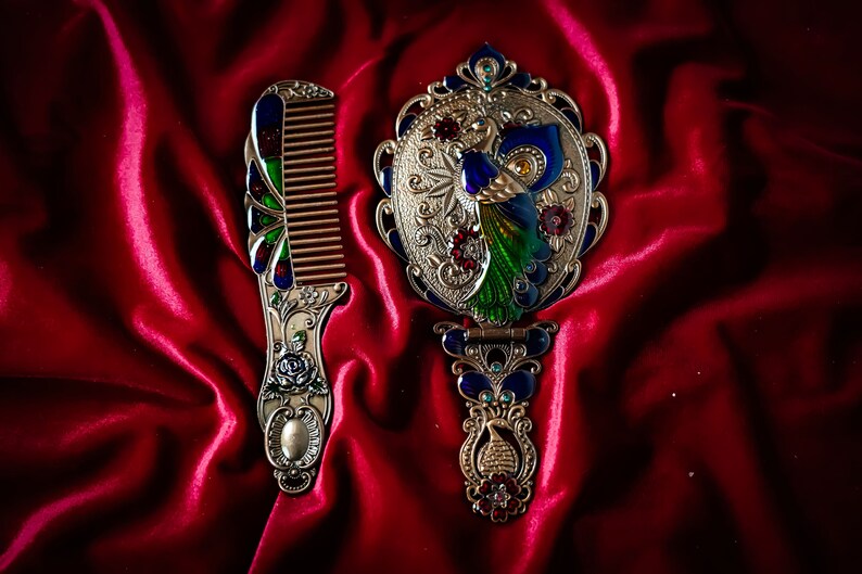 Pocket Mirror and Comb Set With Peacock Pattern and Elegant Stones, Pocket Carrying and Bag Mirror and Comb, Wintage Mirror Set zdjęcie 7