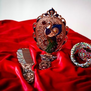 Pocket Mirror and Comb Set With Peacock Pattern and Elegant Stones, Pocket Carrying and Bag Mirror and Comb, Wintage Mirror Set zdjęcie 5