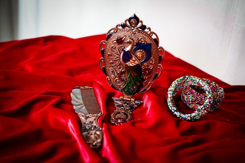 Pocket Mirror and Comb Set With Peacock Pattern and Elegant Stones, Pocket Carrying and Bag Mirror and Comb, Wintage Mirror Set zdjęcie 5