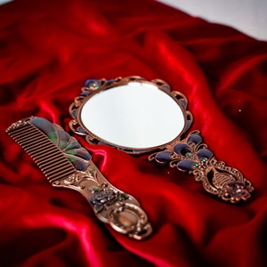 Pocket Mirror and Comb Set With Peacock Pattern and Elegant Stones, Pocket Carrying and Bag Mirror and Comb, Wintage Mirror Set zdjęcie 6