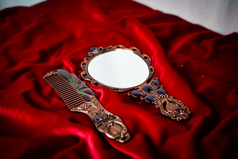 Pocket Mirror and Comb Set With Peacock Pattern and Elegant Stones, Pocket Carrying and Bag Mirror and Comb, Wintage Mirror Set zdjęcie 6