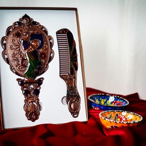 Pocket Mirror and Comb Set With Peacock Pattern and Elegant Stones, Pocket Carrying and Bag Mirror and Comb, Wintage Mirror Set zdjęcie 2
