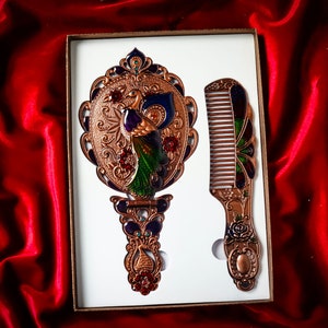 Pocket Mirror and Comb Set With Peacock Pattern and Elegant Stones, Pocket Carrying and Bag Mirror and Comb, Wintage Mirror Set zdjęcie 3