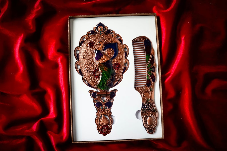 Pocket Mirror and Comb Set With Peacock Pattern and Elegant Stones, Pocket Carrying and Bag Mirror and Comb, Wintage Mirror Set zdjęcie 3