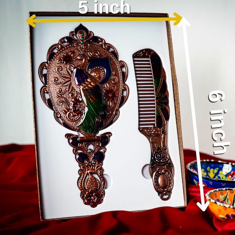 Pocket Mirror and Comb Set With Peacock Pattern and Elegant Stones, Pocket Carrying and Bag Mirror and Comb, Wintage Mirror Set zdjęcie 8