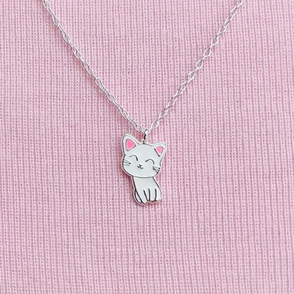 Cute Kids White Cat Necklace Sterling Silver, Enamel And Sterling Silver Necklace For Children. Nickel And Lead Free