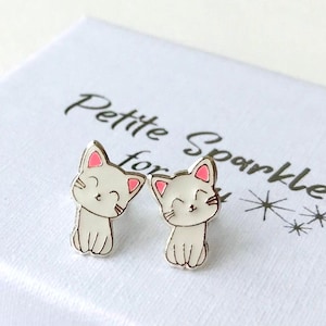 Ohrringe Weiße Katzen Niedliche Ohrstecker In Sterling Silber, süße Kätzchen Emaille Ohrstecker Geschenk Für Katzenliebhaber Kinder, Nickel- Und Bleifrei