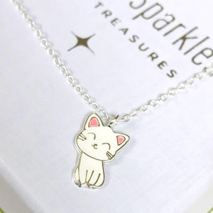 Cute White Cat Kids Necklace Sterling Silver, Sweet Kitten Enamel And Sterling Silver Necklace For Children. Nickel And Lead Free