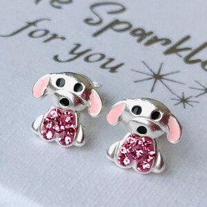 Tiny Cute Puppy Dog Earrings Studs Sterling Silver With Coloured Glittering Stones  Enamel And Silver Studs For Children. Nickel & Lead Free