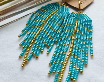 Turquoise and Gold Beaded Tassle Earrings: Handcrafted Czech Glass