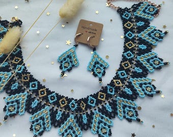 Blue Gold Black Beaded Collar Necklace -Handmade Ukrainian Sylyanka - Gift for Her.
