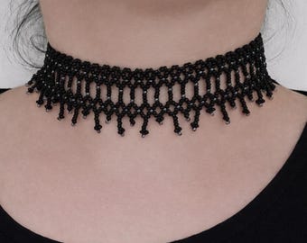 Black Beaded Choker Necklace - Handmade  Seed Bead Jewelry.