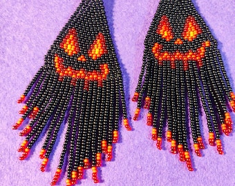 Black Halloween Jack-o'-Lantern Design Beaded Fringe Earrings : Handcrafted Czech Glass