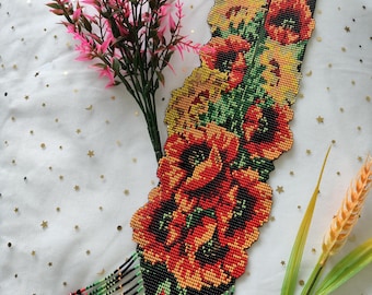 Poppy Seed Necklace -Ukrainian Gerdan  with Sunflower and Red Poppies - Handmade Beadwork Jewelry.