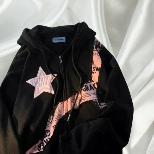 Y2K Star Zip-Up Hoodie: Patchwork Y2K Streetwear Hoodie - Ästhetische Pink Y2K Kleidung