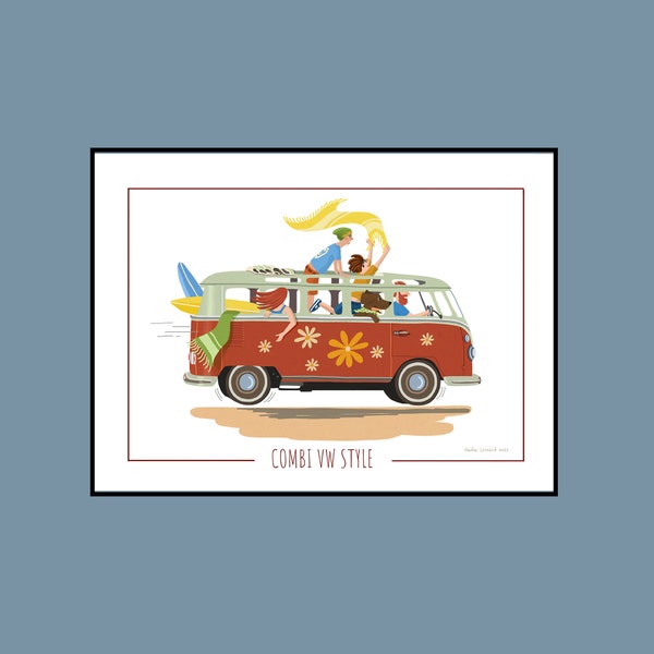 Illustration personnalisée de voiture vintage Combi VW, à imprimer pour cadre chambre garçon, cadeau, mug, sac, tee shirt, invitation....