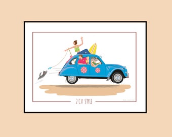 Poster naïf et humoristique de voiture vintage 2CV pour une décoration murale tendre et drôle, cadeau fête des mères ou des pères