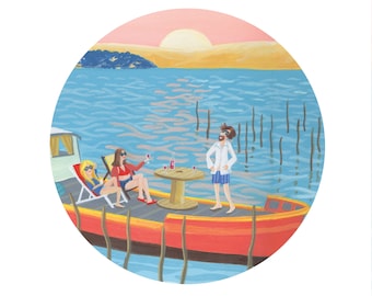 Poster Illustration humoristique sur le bassin d'Arcachon et le cap Ferret à la peinture, pour décoration murale bord de mer