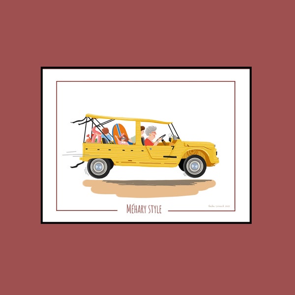 Peinture personnalisée de voiture rétro Méhari, à imprimer pour cadre chambre enfant, cadeau, mug, sac, tee shirt, invitation...