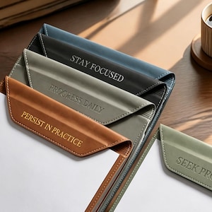 May include: A collection of four leather-like clipboards in blue, grey, tan, and sage green, each featuring a top flap with embossed text: STAY FOCUSED, PROGRESS DAILY, PERSIST IN PRACTICE, and SEEK PROGRESS. A dark green pen rests on the sage clipboard.
