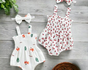 Cute Baby Girls Rompers Summer Clothes, Baby Shower Gift, Cherry Summer, Baby Girl Romper, Baby Girl Outfit With Hairbow, Sleeveless Romper