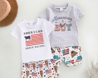 Baby Boy 4th of July Outfit, American Ranch Raised T-shirt And Shorts,Baby Boy Clothes,Patriotic Baby,First 4th Of July,Western American Boy