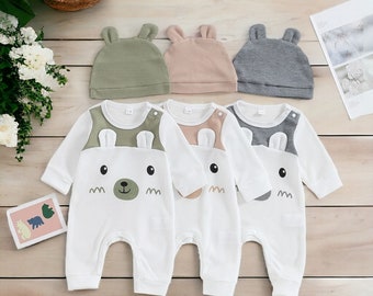 Cute Animal Baby Romper, Baby Shower Gift, Coming Home Outfit, Bubble Romper With Hat, Long Sleeve Cotton Bodysuit, Baby Announcement Outfit