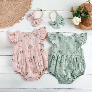 Baby Girl soft Cotton Bubble Romper, Spring Fall Short Sleeve Romper With Hair Bow,  Floral Short Sleeve Bodysuit