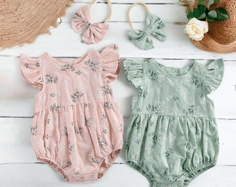 Baby Girl soft Cotton Bubble Romper, Spring Fall Short Sleeve Romper With Hair Bow,  Floral Short Sleeve Bodysuit