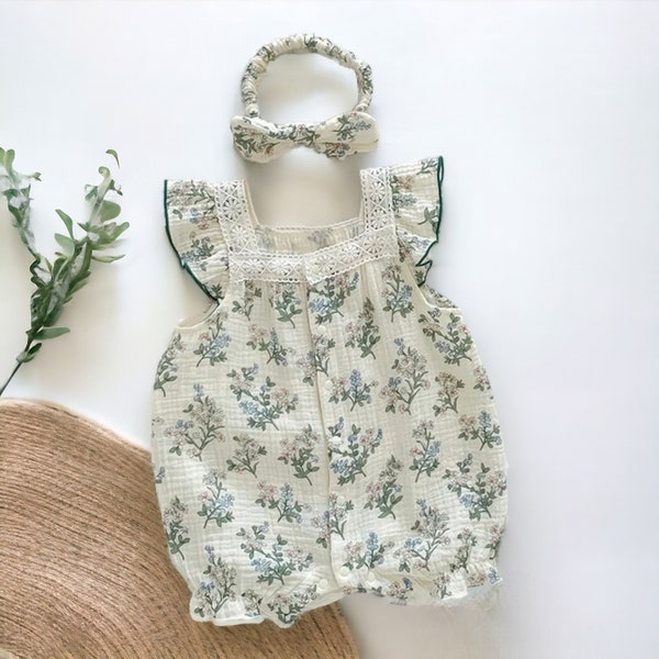 Summer Baby Girls Rompers, Floral Jumpsuit with Hairband, Baby Girls Clothes, Newborn Outfit, Baby Shower Gifts