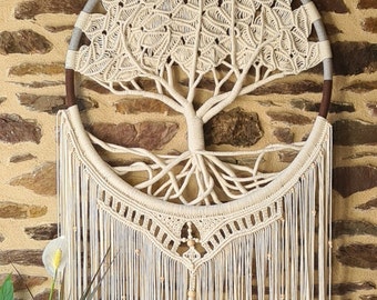 Grand arbre de vie blanc en macramé. Création artisanale