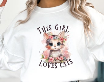 Diseño de sudadera gráfica de gatito floral / Camisa femenina femenina para amantes de los gatos / Sudadera con capucha con ilustración de arte digital de flores felinas caprichosas