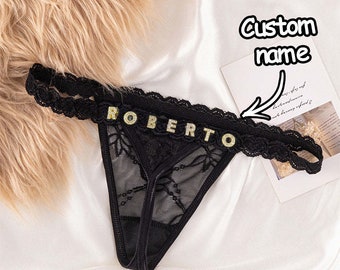 Custom Lace Thongs with Jewelry Crystal Letter Name Gift for Her.