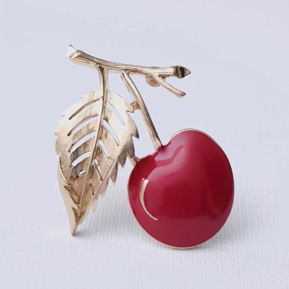 vintage Crovn Trifari, red enamel cherry brooch p… - image 1