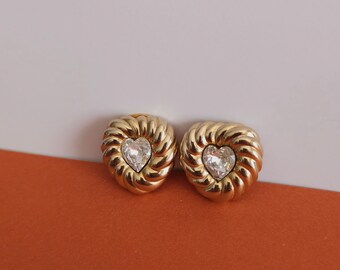 Vintage gold plated clip on earrings DAVID GRAU in the shape of a heart, vintage wedding earrings, vintage gold heart earrings