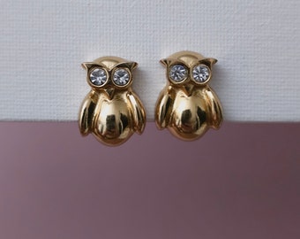 Guy Laroche, vintage jewelry earrings, vintage gold owl Clip on Earrings, AmorAmorVintage