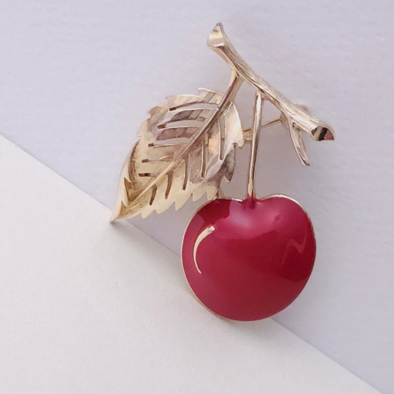 vintage Crovn Trifari, red enamel cherry brooch p… - image 3