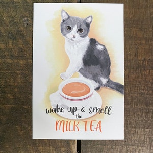 Réveillez-vous et sentez le thé au lait avec chat Carte postale aquarelle image 2