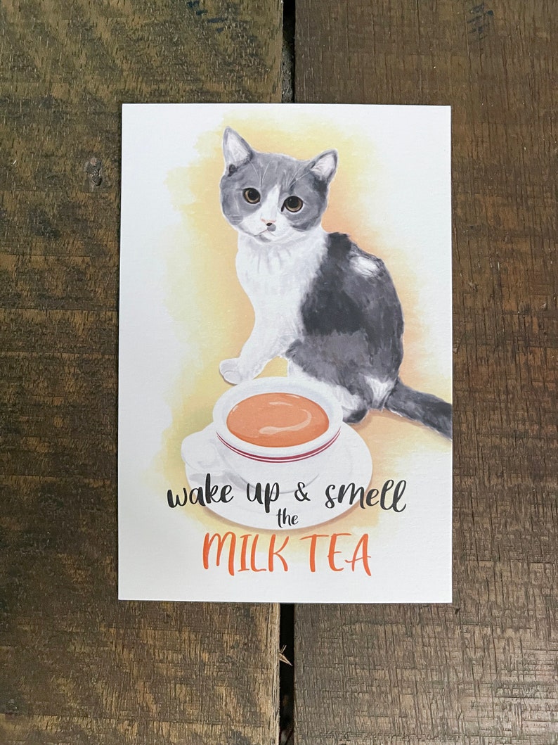 Réveillez-vous et sentez le thé au lait avec chat Carte postale aquarelle image 2
