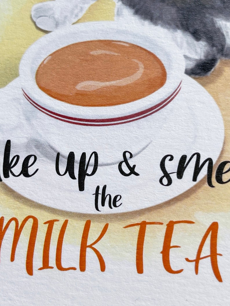 Réveillez-vous et sentez le thé au lait avec chat Carte postale aquarelle image 3